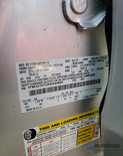 2019 Ford Expedition Xlt from USA, damaged, VIN 1FMJU1HT2KEA44869